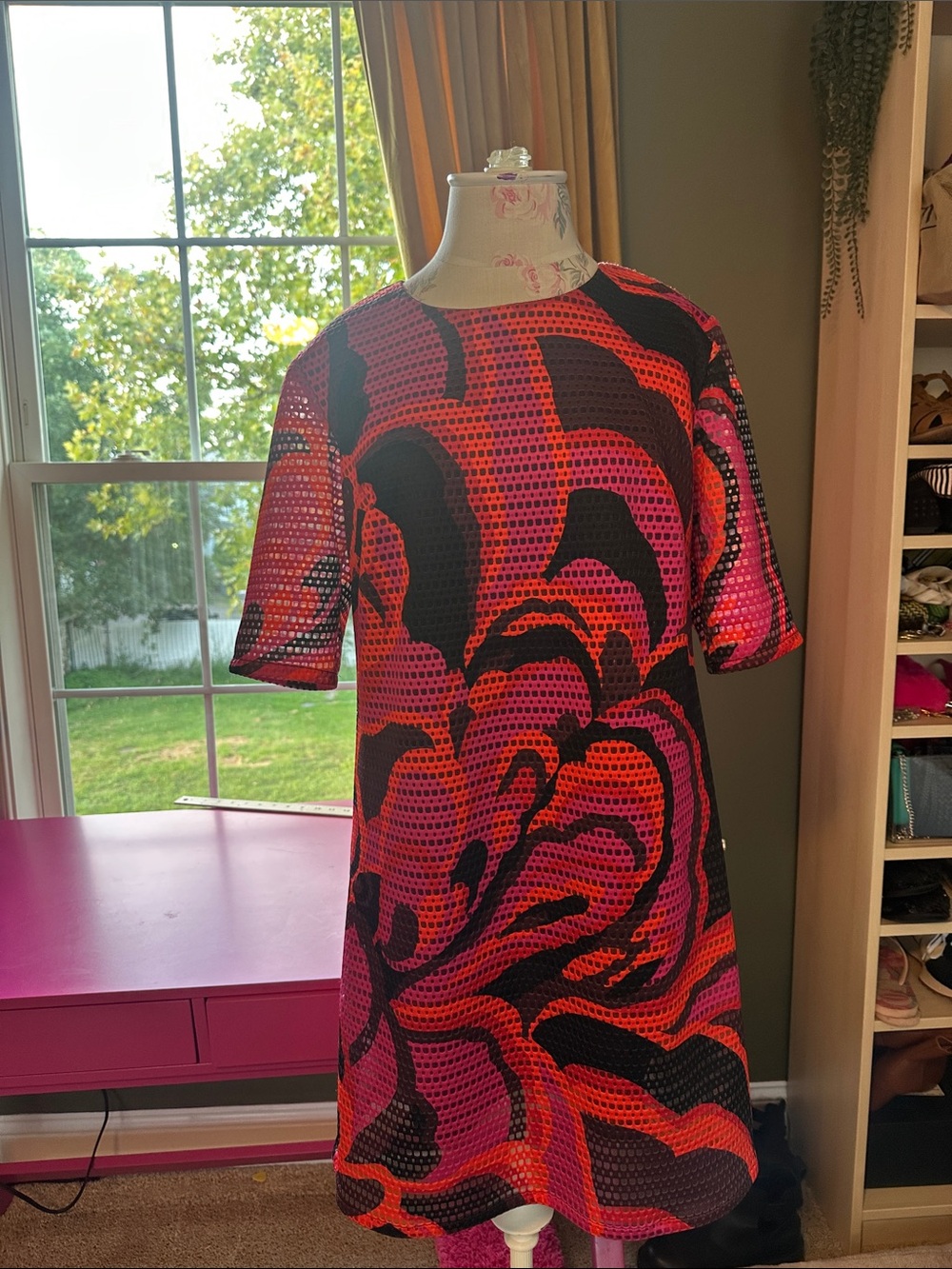 Trina Turk Black, Red & Pink Graphic Eyelet Mini Shift Dress